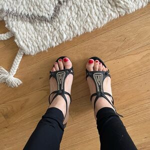 Nine West // Black Embroidered Leather Wedges